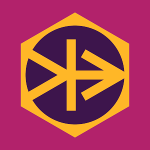 Cover artwork for the album Teek Cirtcele. A “backwards” version of the Electric Keet logo, consisting of a magenta field with a golden-yellow hexagonal ring. The ring surrounds the reversed angular letters “EK”, and the center is filled with dark violet.
